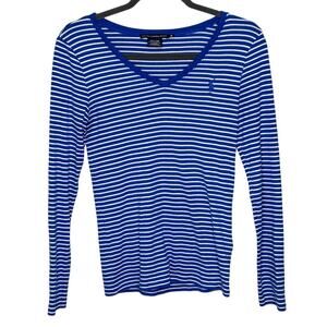 Ralph Lauren Sport Blue White Striped Long Sleeve Tee Casual Stretch Preppy M